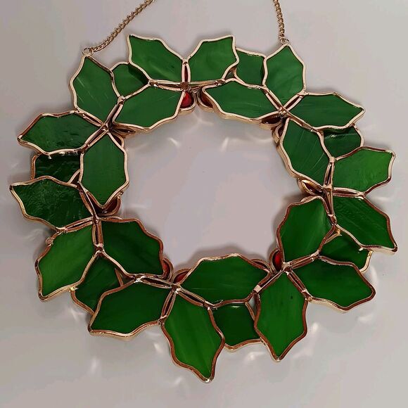 Vintage Stained Glass Christmas Holly Wreath Ornament Handmade Suncatcher 10 in - Picture 11 of 12
